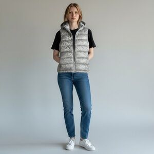 Athleta Aire Puffer Vest in Cream Hooded Full Zip 2 Zipper Pockets Size SP